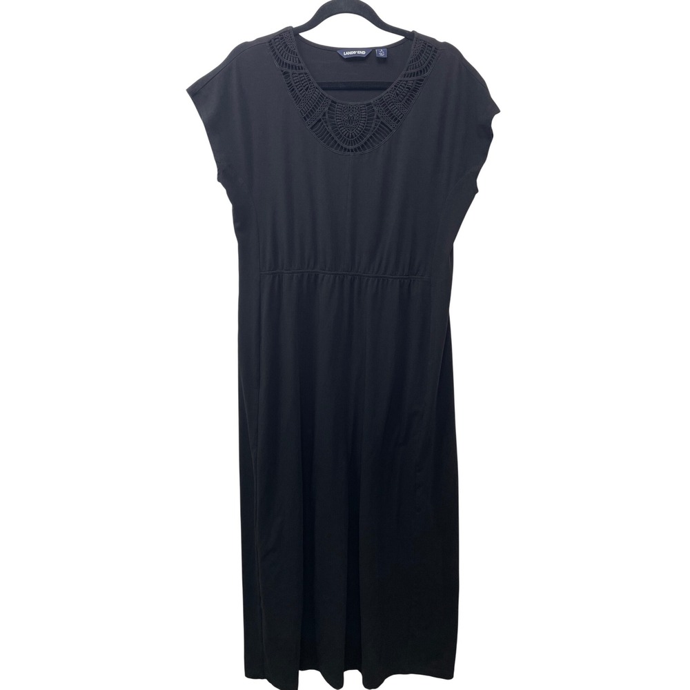 Lands End Black Crochet Neck Maxi Dress Cap Sleeve Elastic Waist L Sundress Boho